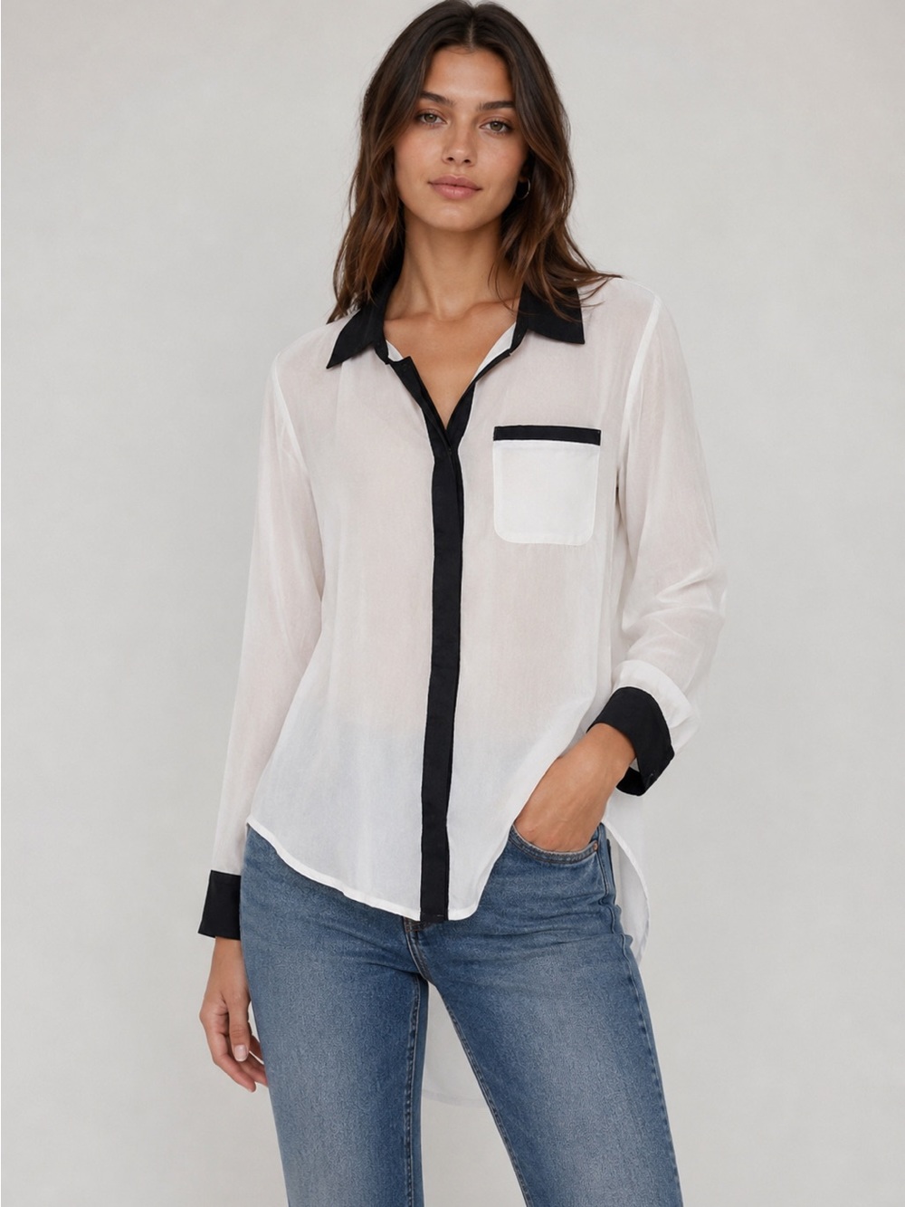 Free People XS Portolio Sheer Long Sleeve Button-up Tuxedo Pipe Trim Flowy Shirt